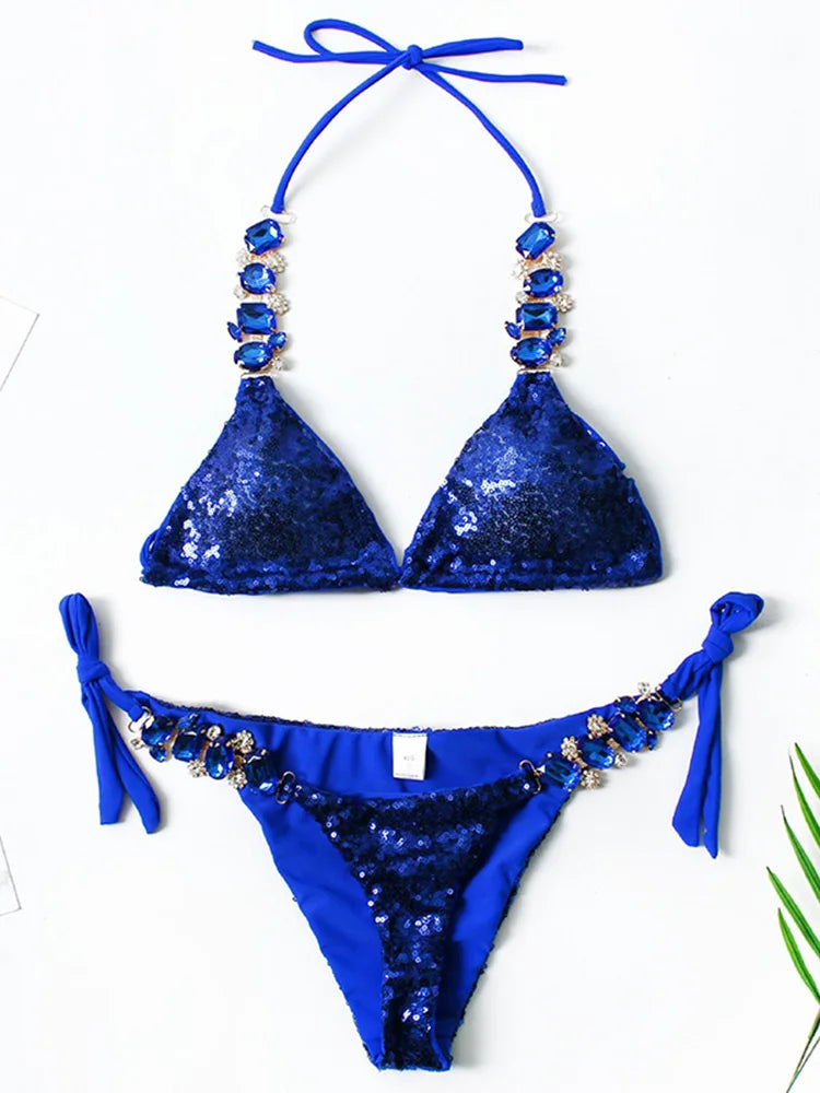 Shiny Sequins Rhinestone Diamond Bikini Women Swimsuit Female Swimwear Two Pieces Bikini Set Halter Bather Bathing Suit Swim
