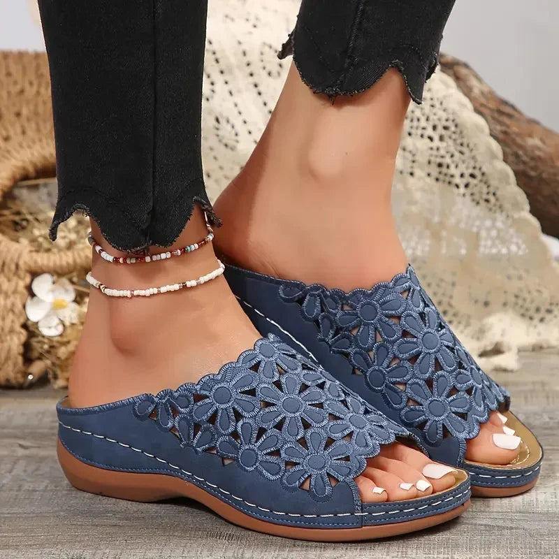 Fashion Plus Size Hollow Slippers for Women Summer 2025 Soft Sole Med Heel Sandal Woman New Arch Support Peep Toe Slides Mujer