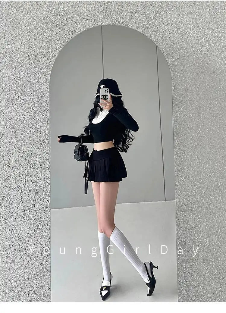 WOMENGAGA Fahsion Women Skorts Spicy Girl Sexy High Waist SlimA-LINE Pleated Skirt Half Body Short Skirt Sweet Korean Style 8NDZ