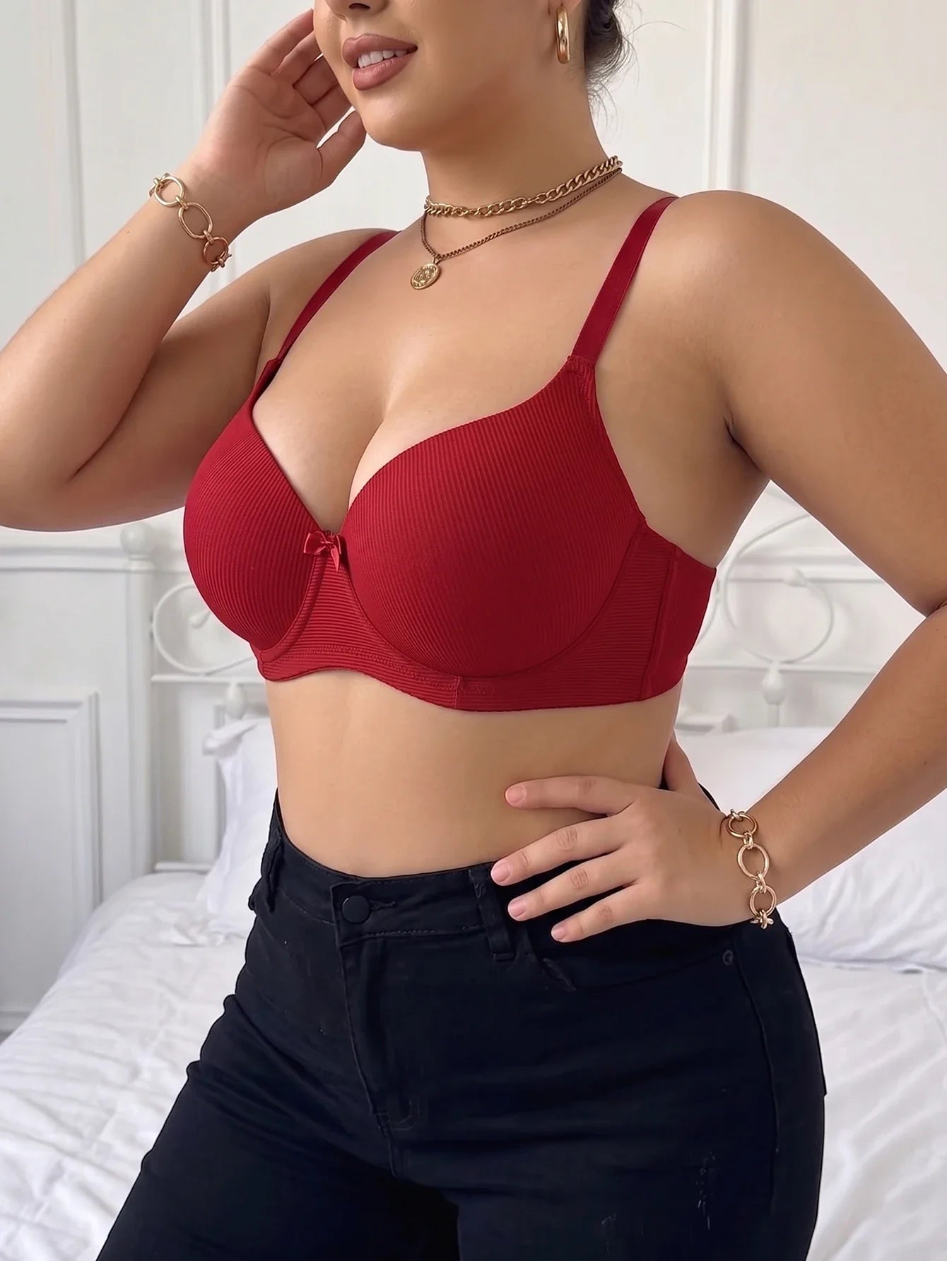 Plus Size Women's B C D Thin Cup Ribbed Push Up Bra Wide Straps Underwire Side gather Lingerie Comfort Ladies Brassiere