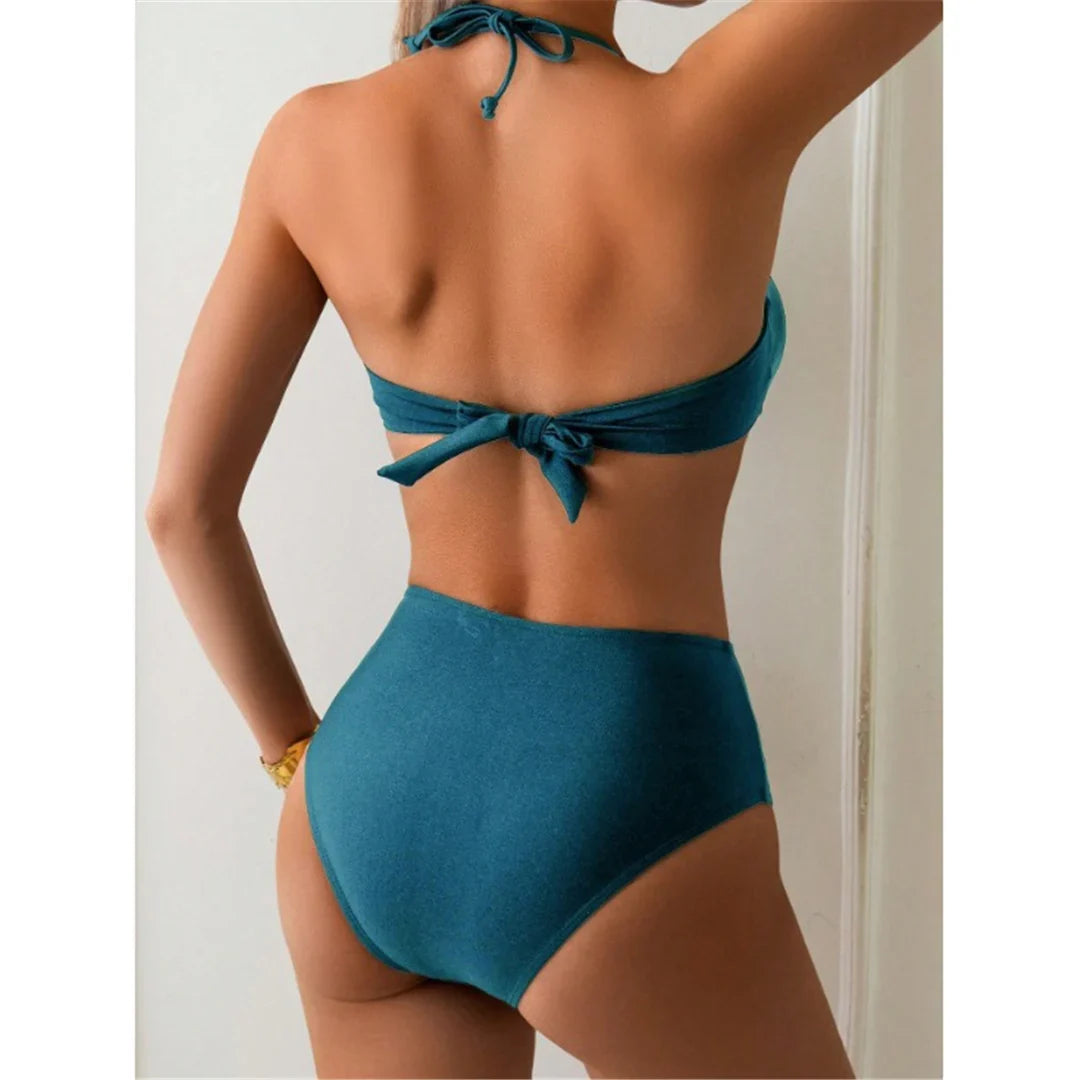 S - XL Metal Ring Halter Female Swimsuit High Waist Bikini Women Swimwear Two-Pieces Bikini Set Bather Bathing Suit Swim V6933