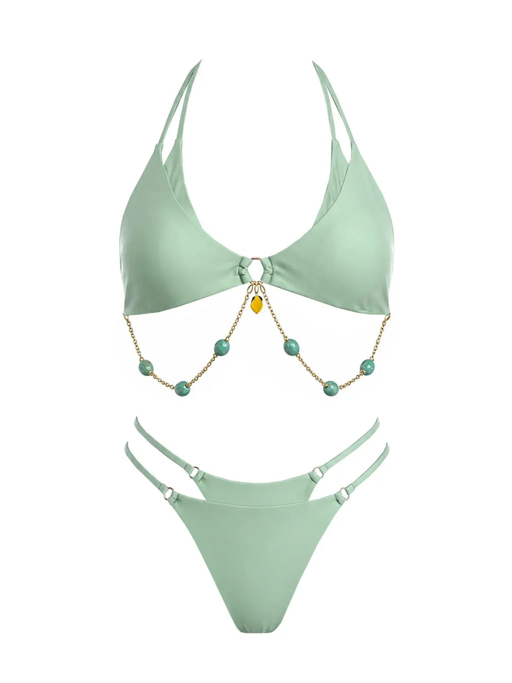 Sexy Halter Neck Chain Accents Bikini Women Swimwear Fashion Lady Double Strap Detail Biquini Swimsuit Mujer Beach Bathing Suit