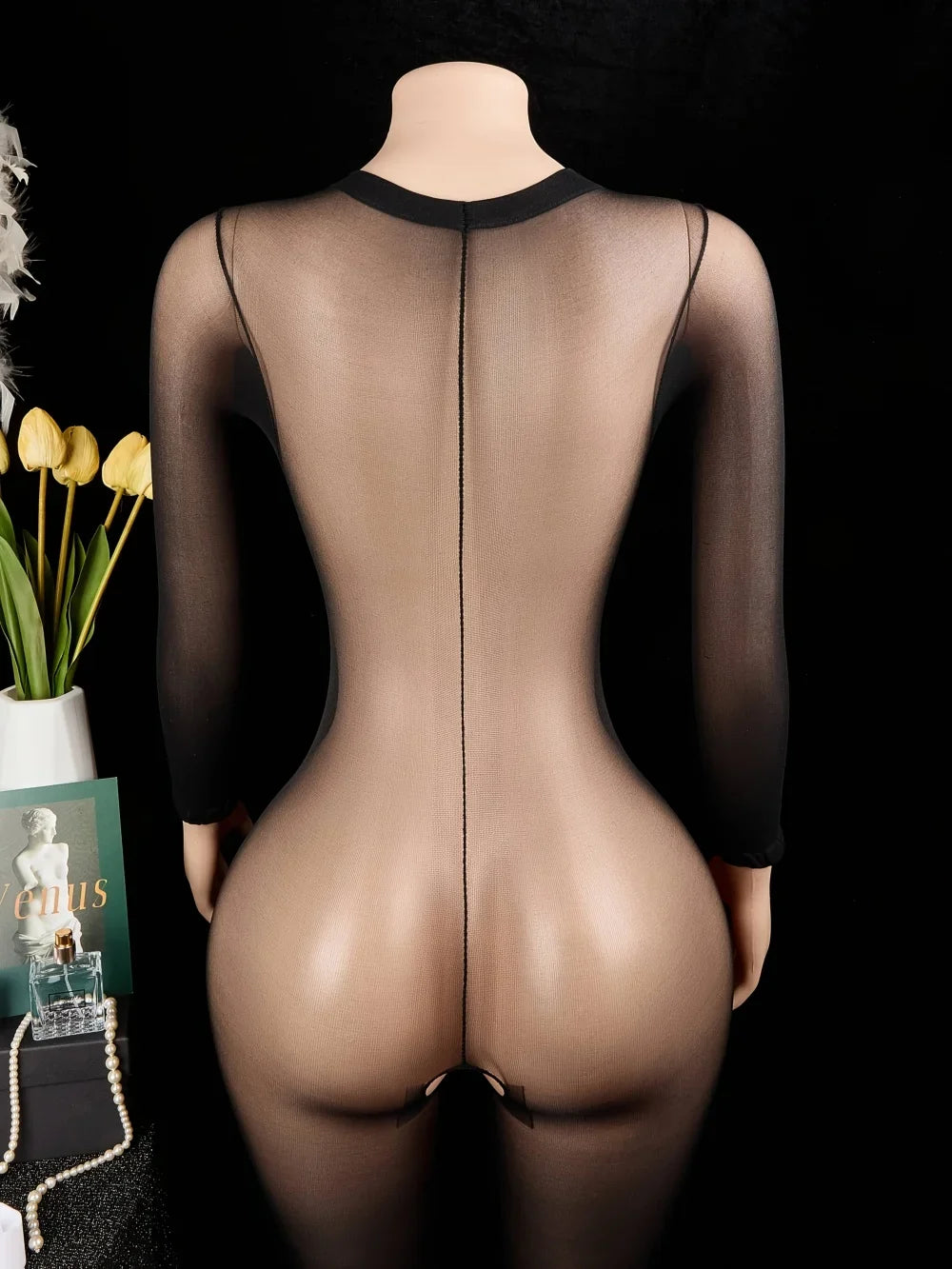 1pc Solid Color Sexy Women's Lingerie, High Stretch Sheer Thin Bodystocking, -Apart Charming Jumpsuit