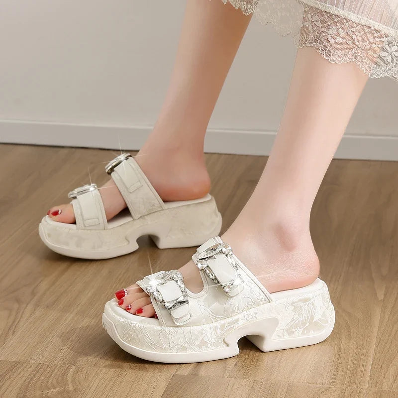 Luxury Rhinestone Thick Bottom Sandals Women 2026 New Silk Satin Embroidery High Heel Sandals Woman Summer Thick Heeled Slippers