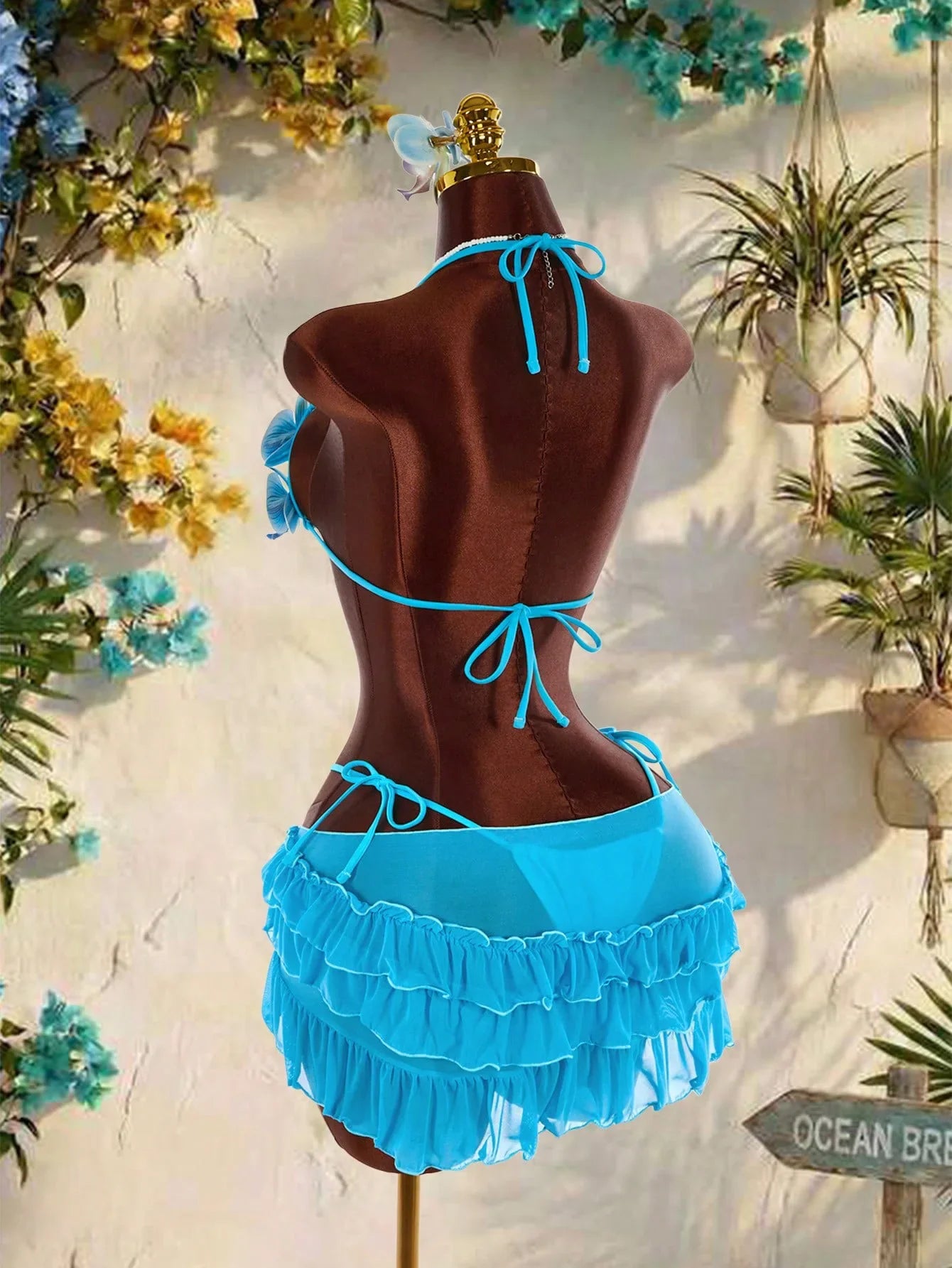 Vintage Blue 3D Floral Bikinis Sets Women Mesh Ruffle Skirt 3 Piece Swimsuit 2026 Sexy Push Up Bra Bathing Suit Holiday Swimwear