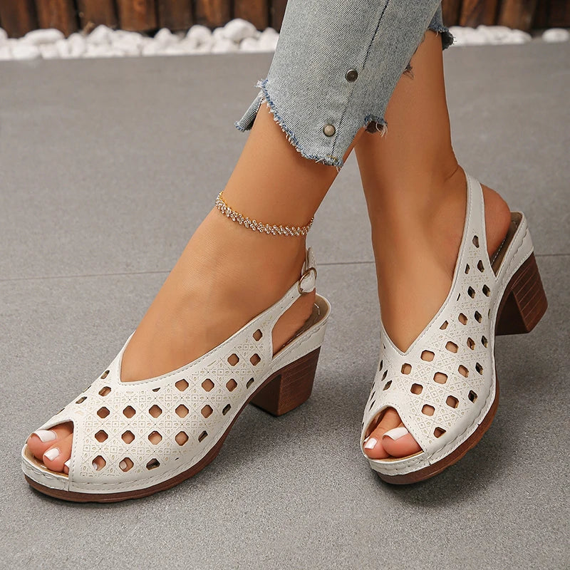 Vinatge Peep Toe Thick Heels Sandals Women Hollow Out Back Strap Rome Sandles Woman Plus Size 43 Lightweight Sandalias Mujer