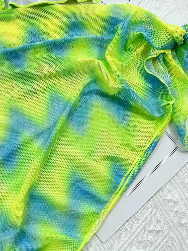 With Sarong Halter Ruffled Tie Dye Bikini Women Swimwear Female Swimsuit Three-pieces Bikini Set Bathing Suit Swim Beachwear