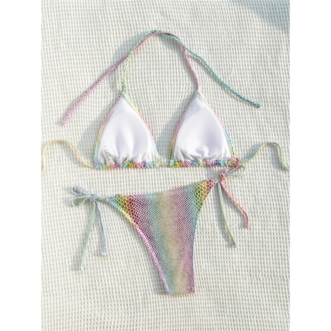 Colorful Snake Skin Halter Strappy Bikini Female Swimsuit Women Swimwear Two-pieces Bikini set Bather Bathing Suit Swim V5822