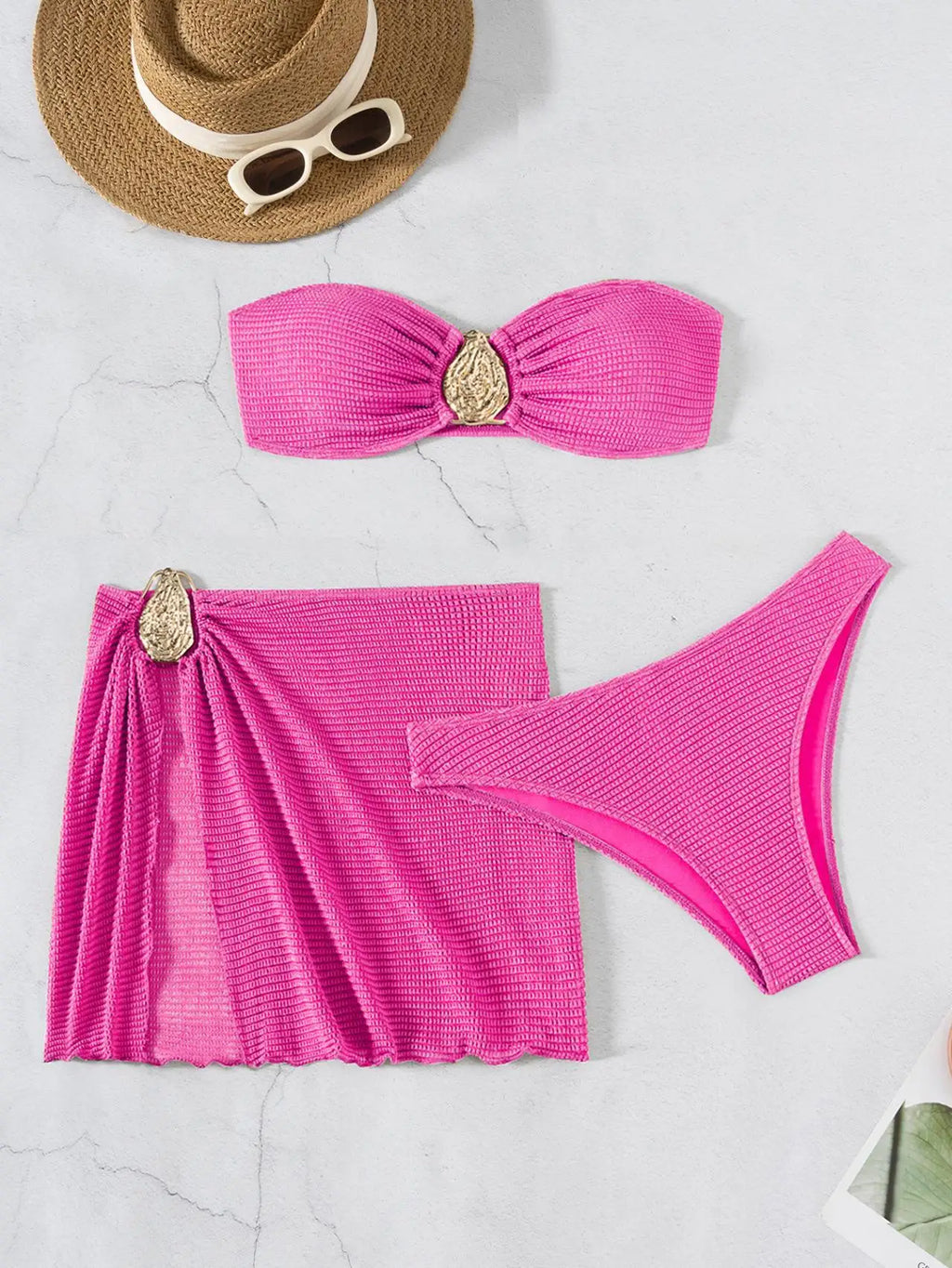 With Skirt Wrinkled Bandeau Bikini Female Swimsuit Women Swimwear Three-pieces Bikini Set Metal Ring Bathing Suit Swim Beachwear