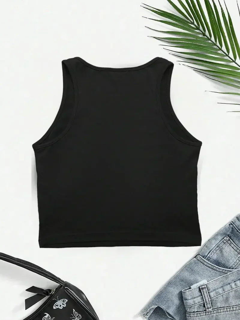 Vintage Happy Cherry Printed Crop Top Vest Women's Print Tank Top Round Neck Sleeveless Shirt Cropped T-shirt Sexy