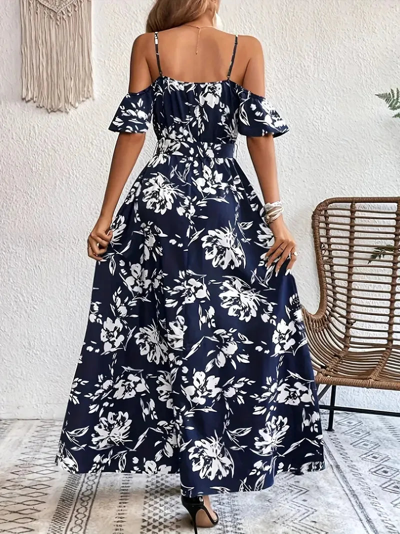 New Summer Women Print Dress 2025 Fashion Elegant  Vacation Party Short Sleeve Slim V-neck Slit Long Dresses Vestidos Para Mujer