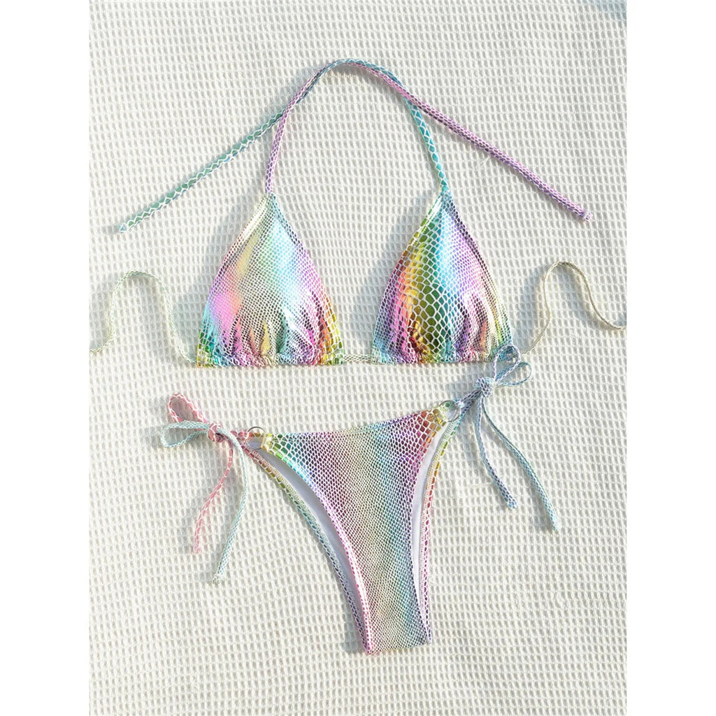 Colorful Snake Skin Halter Strappy Bikini Female Swimsuit Women Swimwear Two-pieces Bikini set Bather Bathing Suit Swim V5822