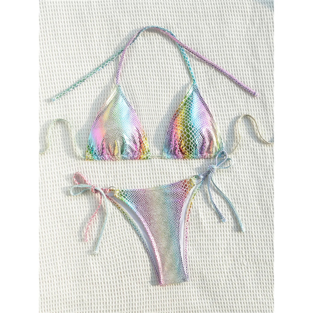 Colorful Snake Skin Halter Strappy Bikini Female Swimsuit Women Swimwear Two-pieces Bikini set Bather Bathing Suit Swim V5822