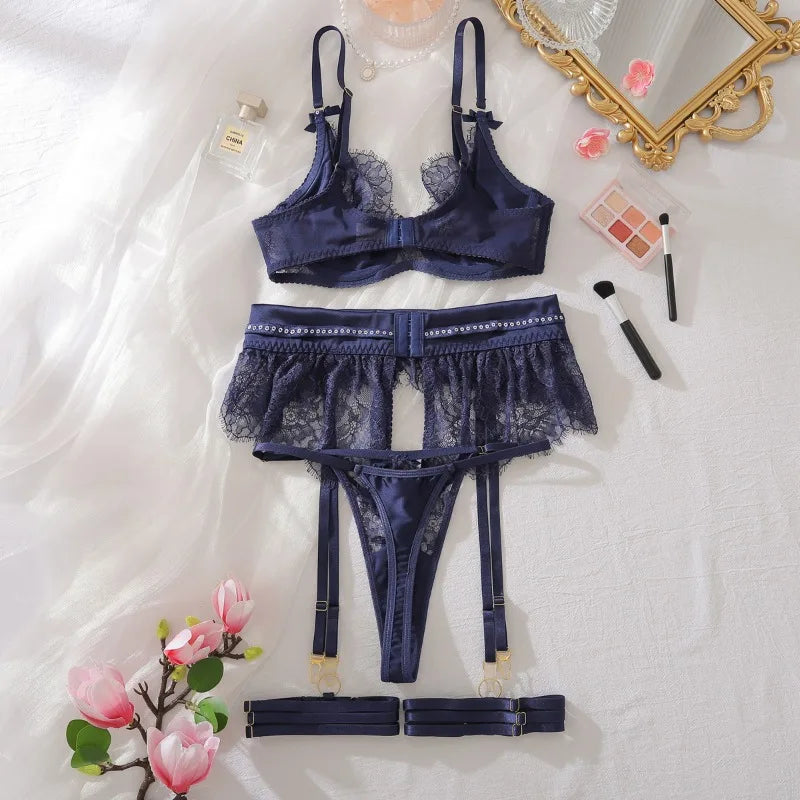 Toucheart Sexy Lingerie Suit for Women Lace Hollow Out See-through Underwear 4-piece Set Solid Color Sexy Garters Underwear Suit