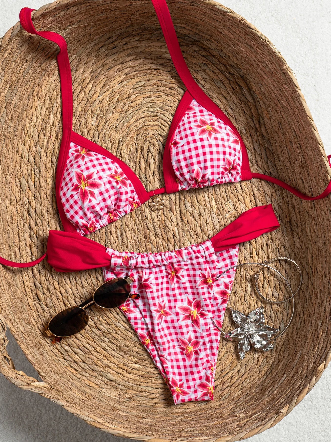 Sexy Red Plaid Floral Print Bikini Set Push Up Bra Pleate Thong Swimsuit Women 2026 Summer Bathing Suit Holiday Swimwear Biquini