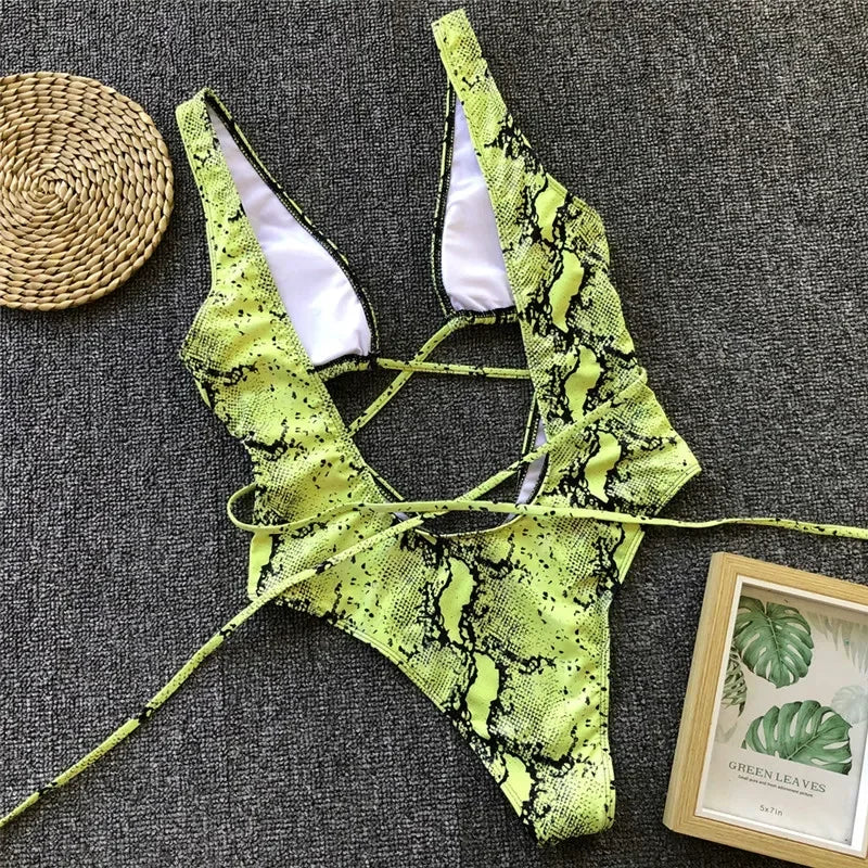 Leopard Deep V Neck Wrap Around High Cut Women Swimwear One Piece Swimsuit Female Monikini Tummy Cut Out Bathing Suit Swim Lady