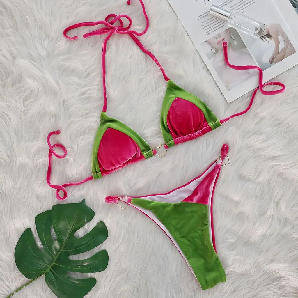 2025 Splicing Halter Velvet Bikini Female Swimsuit Women Brazilian Swimwear Two-pieces Bikini Set High Cut Bathing Suit Swim