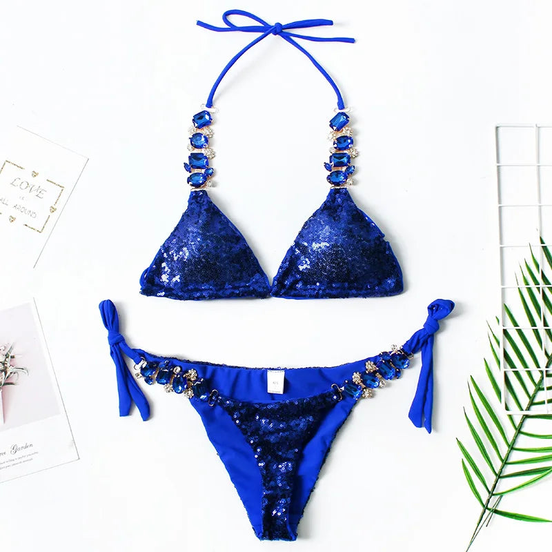 Shiny Sequins Rhinestone Diamond Bikini Women Swimsuit Female Swimwear Two Pieces Bikini Set Halter Bather Bathing Suit Swim