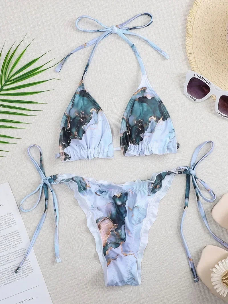 Ribbed Ruffled Frilled Brazilian Bikini Women Swimsuit Female Swimwear Two Pieces Bikini Set Halter String Bathing Suit Swim