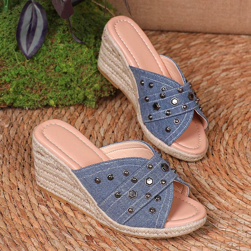 Fashion Denim Chunky Wedge Sandals Women 2025 Rivets Decor High Heels Slippers Woman Peep Toe Thick Bottom Sandles Plus Size 43