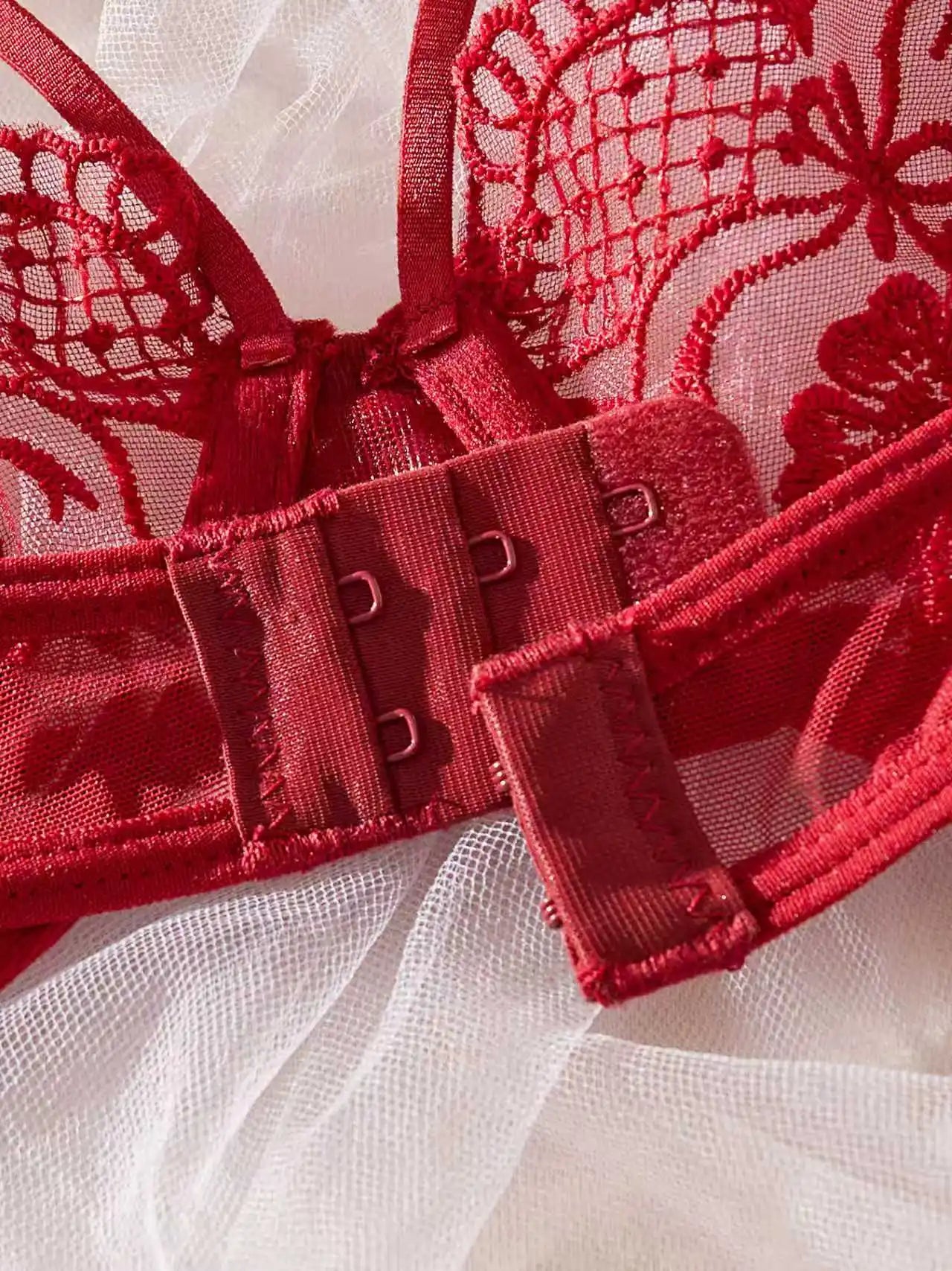 Red French Lace Embroidery Bra Set with Garter Belt Three-Piece Ensemble Sexy Underwear for Women