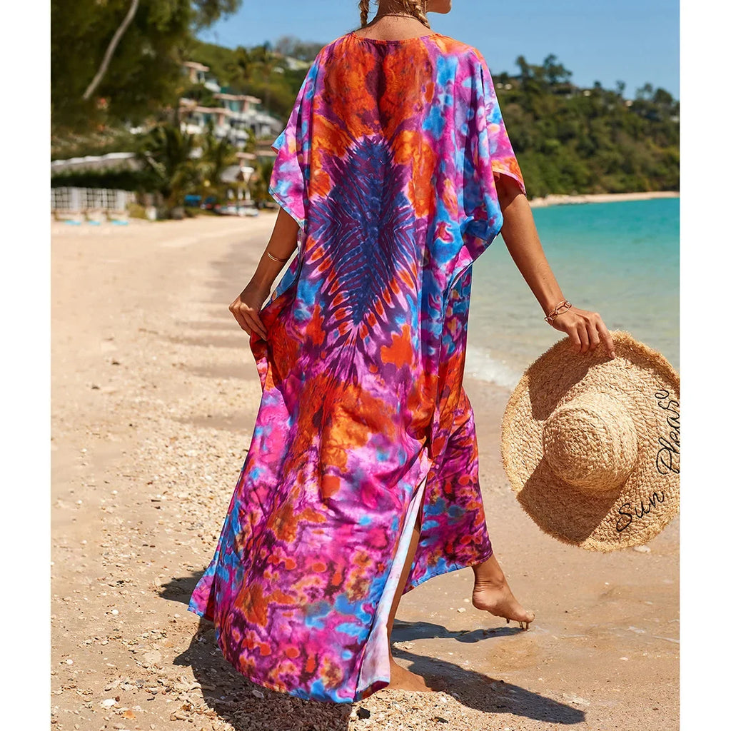 2026 New Colorful Kaftan Tunic Beach Dress Beach Wear Beachwear Beach Cover Up Cover-upsLoose Maxi Dress Female Women V4428
