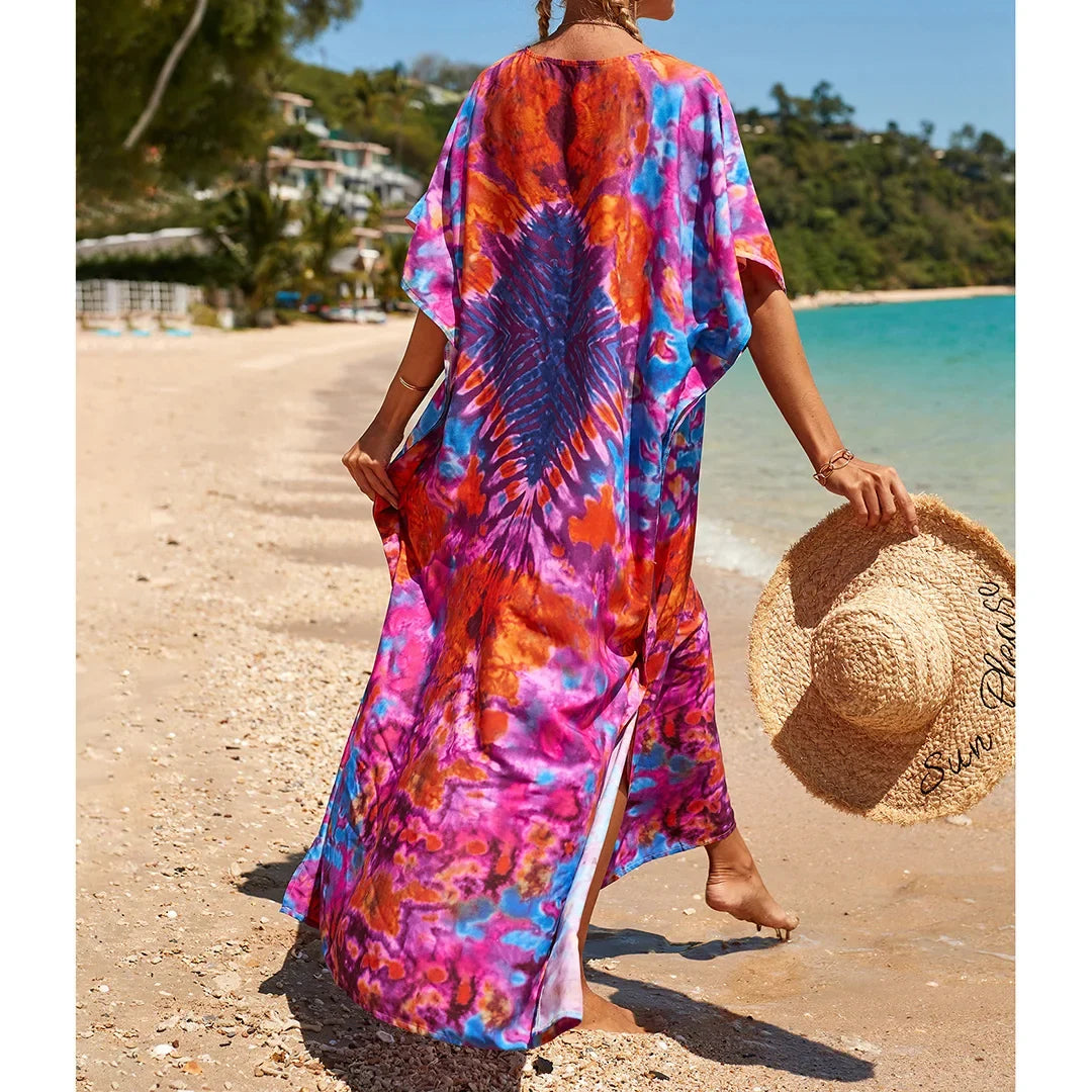 2026 New Colorful Kaftan Tunic Beach Dress Beach Wear Beachwear Beach Cover Up Cover-upsLoose Maxi Dress Female Women V4428