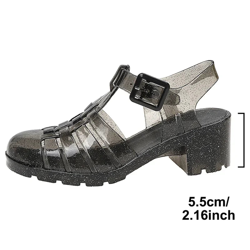 2026 New High Heels Transparent Sandals Women Summe Sequins Thick Heeled Rome Sandalias Mujer Closed Toe Beach Sandles Woman