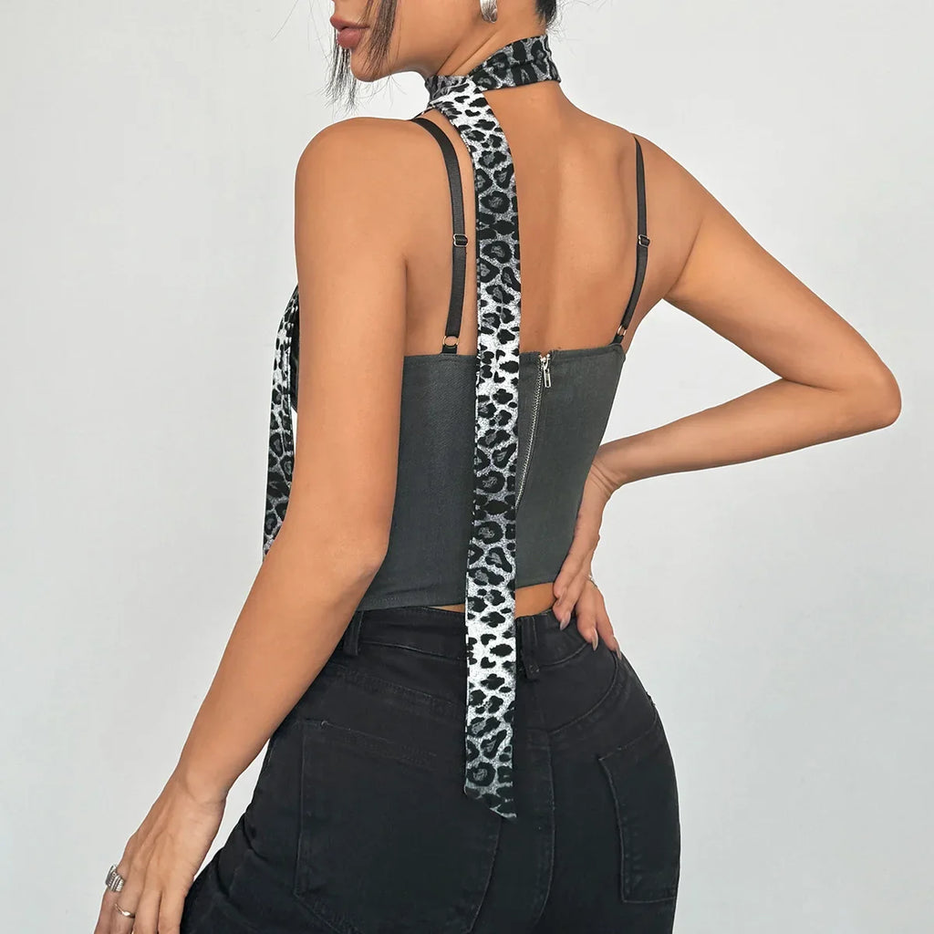 Phantasy Fashion Leopard Women's Tanks Sexy Button up Crop Top Hotsweet Fishbone Camisole Lady Night club Dress up Summer Outfit