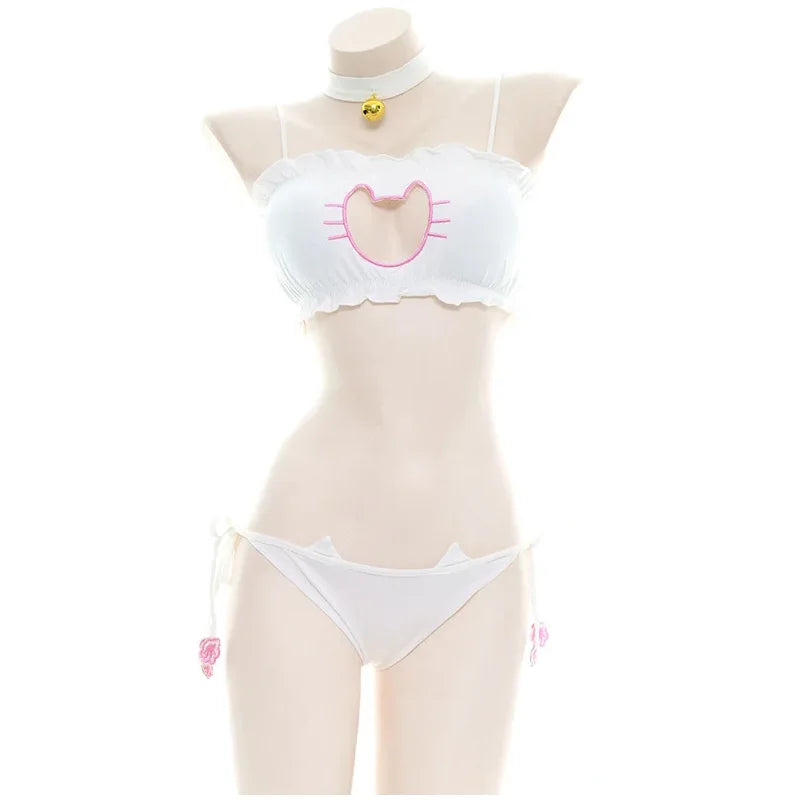 Japanese Anime Cat Cosplay Uniform Bra Panties Set Women Intimates Kawaii Lolita Hollow Out Sexy Lingerie Underwear Set