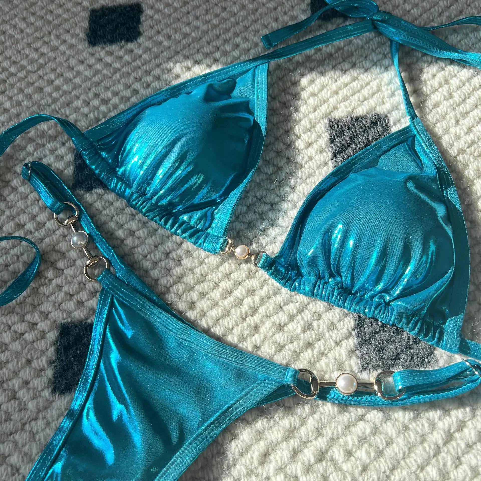 DEKA Sexy Brazilian Shiny Pearl Micro Bikini Faux Leather Swimwear Women Thong Swimsuit Halter Triangle Bikini Set Bathing Suit