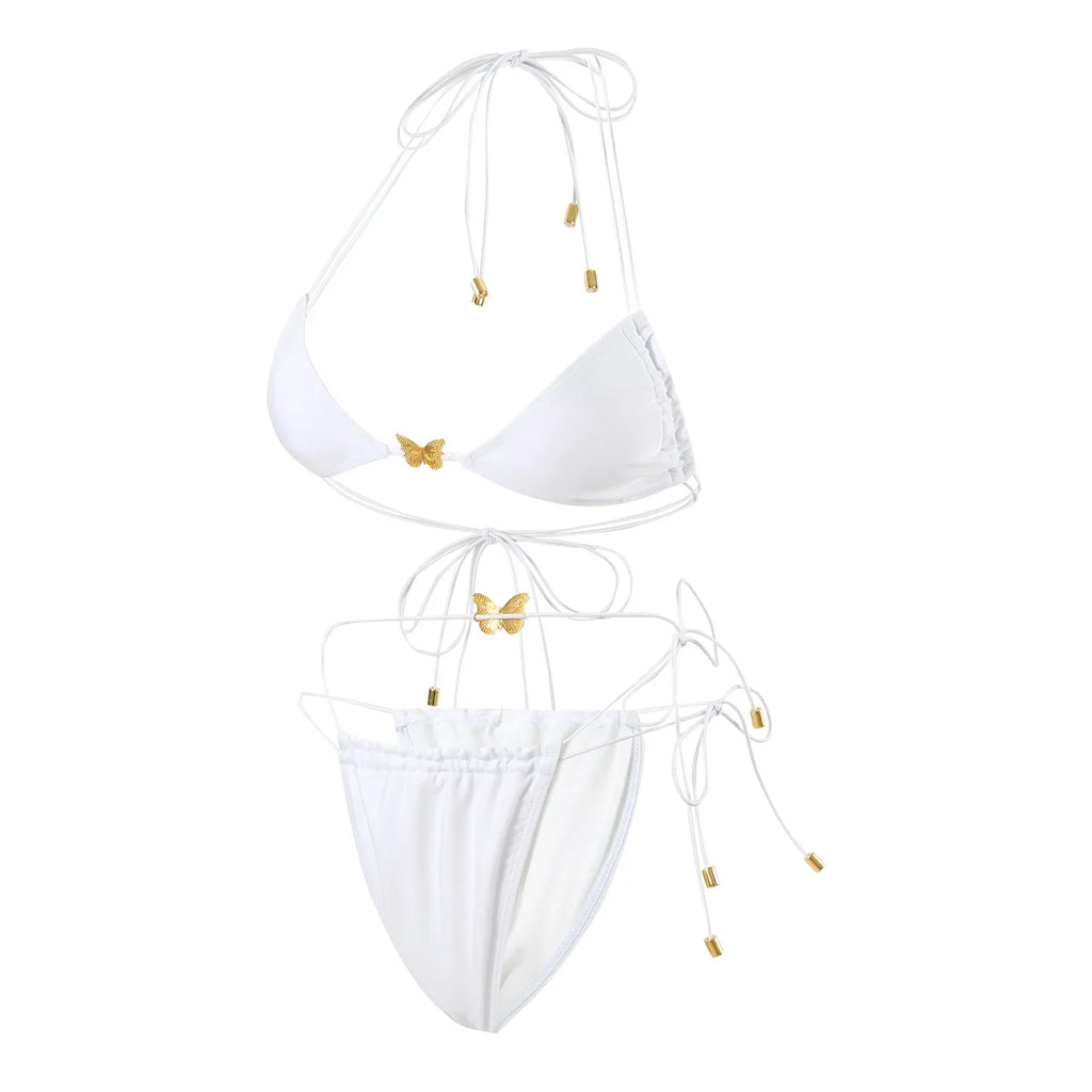 Solid Color Stretch Rope Butterfly Jewelry Bikini Sexy Split Triangle Bag Straps Swimsuit Women Maillot De Bain Femme 2 Pieces