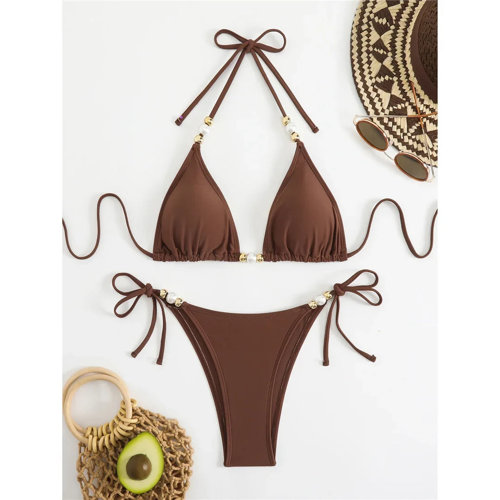 New Halter Pearls Bikini Women Swimwear Female Swimsuit Two-pieces Bikini set High Leg Cut Padded Bather Bathing Suit Swim K7194