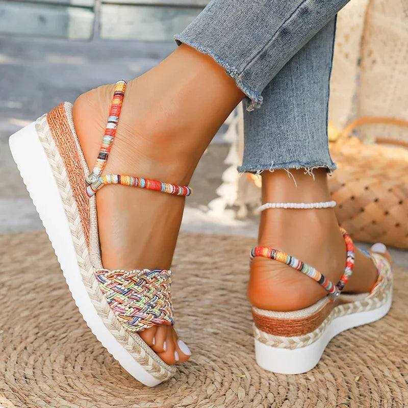 Colorful Woven Wedges Sandals Women 2025 Summer Thick Bottom Platform Slippers Woman Plus Size Slip On Bohemian Sandalias Mujer
