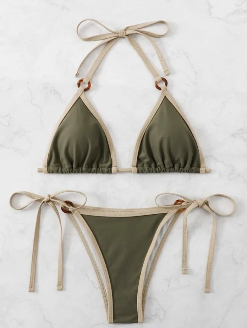 Women Green Halter Micro Ring String Bikini Sets Two Pieces Tie Thong Swimsuit Swimwear Bathing Suit Beach Outfits Biquini