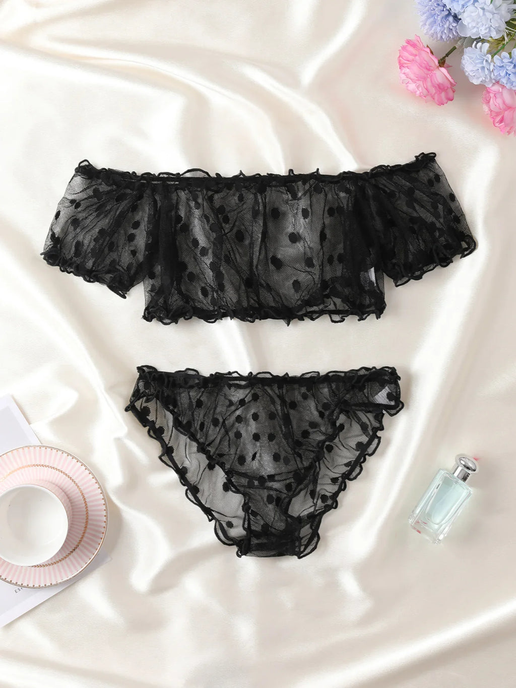 Women 2-Piece Transparent Erotic Sexy Lingerie Dot Embroidery Mesh Fancy Outfit Romantic Hot Underwear Set Bra And Panty Sets