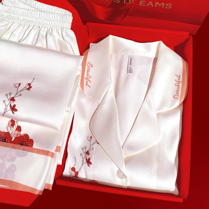Mother's Day gifts for spring and summer high-quality pajamas, plum blossom white ice silk pajamas, women's summer home wear