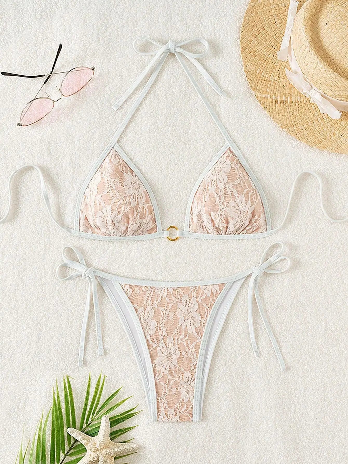 Embroidery Mesh Lace Halter High Cut Bikini Female Swimsuit Women Swimwear Two-pieces Bikini Set Bather Bathing Suit Swim Beach