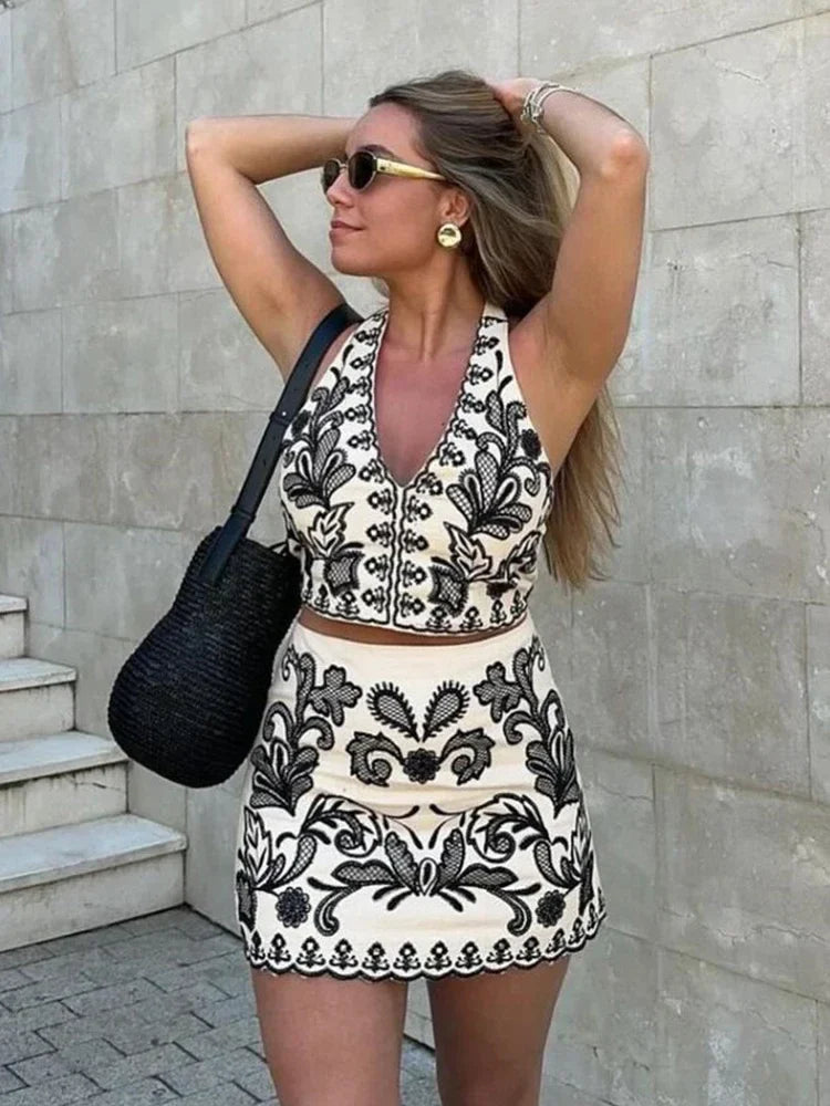 Foridol Floral Embroidery Summer Women Set Crop Top+mini Skirt Matching Set Casual Chic Halter Dress Set 2 Pcs Outfits Beach