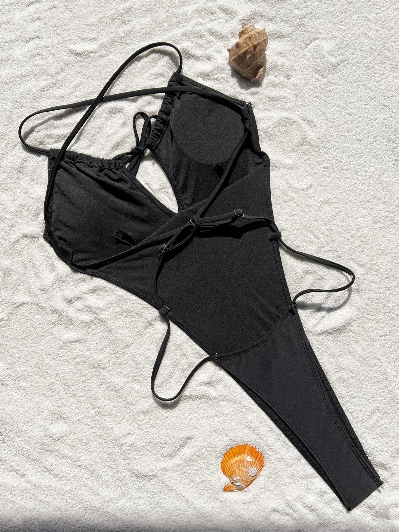 Sexy Solid Black Drawstring Bandage Backless Swimsuit One Piece Bikini Thong Swimwear Bodysuits Women Biquini Bathing Suits