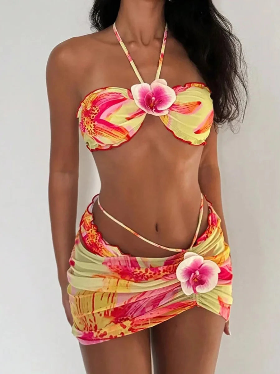 with Mesh Skirt 3D Flowers Halter Bandeau Bikini Female Swimsuit Women Swimwear Three-pieces Bikini Set Bathing Suit Beachwear