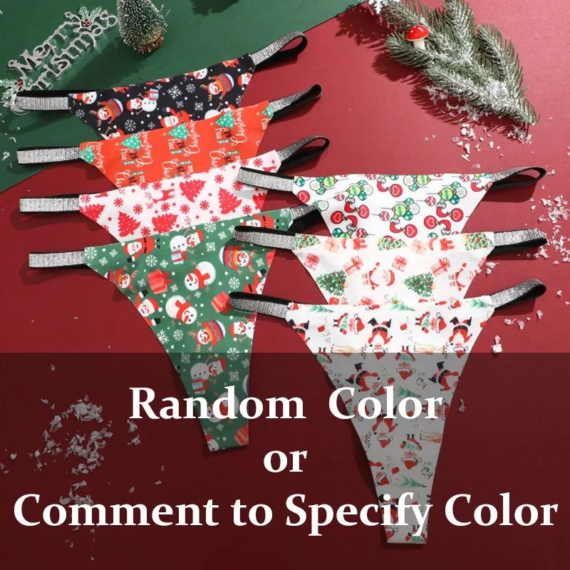 4Pcs Christmas Print Underwear Breathable Shiny Belt Thong Women Skin-friendly Fashionable Casual Christmas Gifts