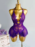 Elegant Lace Halter Neck Teddy Bodysuit With Bow Detail And Ruffled Hem Sexy Women's Lingerie