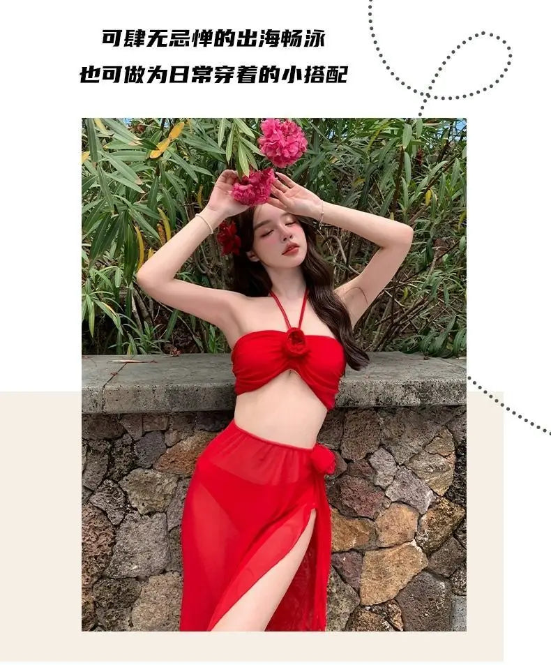2025 Korean Swimsuit Women Sexy Bikini Red Split Long Skirt Swimsuit Women Halter 3D Flower Push Up Holiday 3 Piece Swimwear