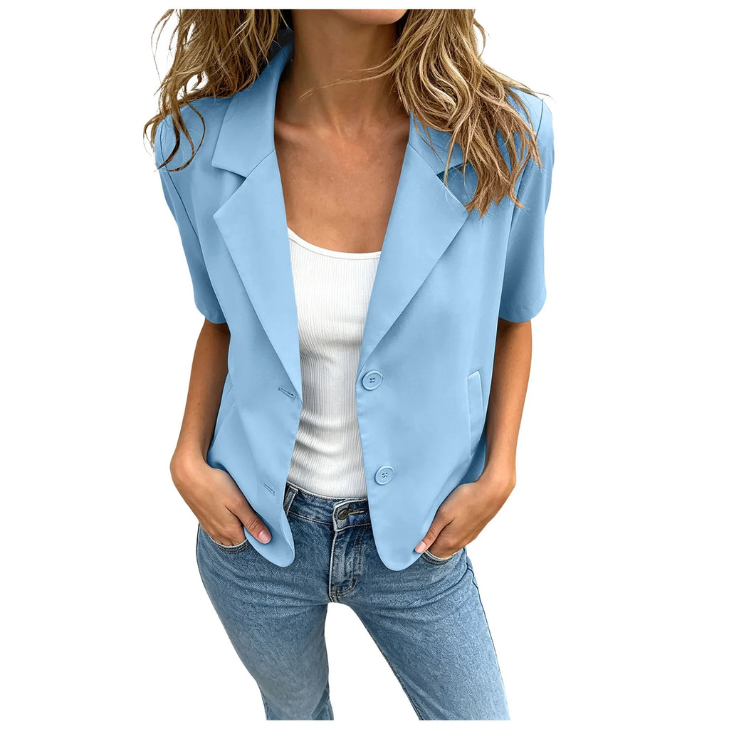 Women Cropped Short Sleeve Blazer Jacket Lapel Collar Buttons Loose Solid Suit Coat Summer Casual Office Outerwear With Pocket