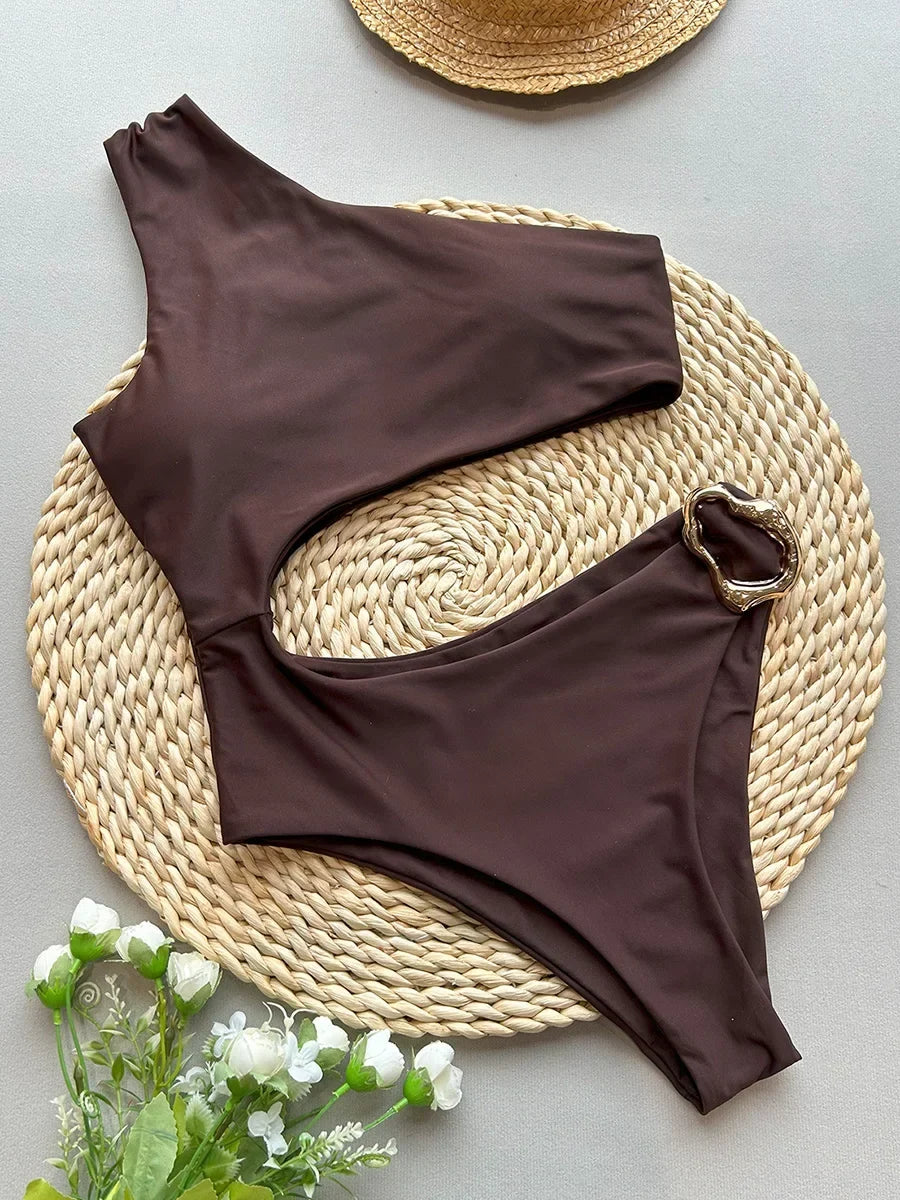 Asymmetric One Shoulder Metal Ring Women Swimwear One Piece Swimsuit Female High Cut Monokini Bather Bathing Suit Swim Beachwear