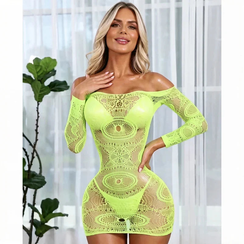 1 PC Women Sheer Mesh Long Sleeve Beach Cover Up Sexy See-Through Fishnet Bodycon Dress for Summer No Bikini Included