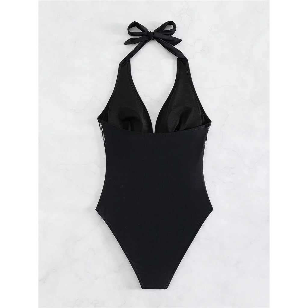 Sexy Shiny Sequins Deep V Backless Monokini Halter Women Swimwear One Piece Swimsuit Female Bather Bathing Suit Swim Lady K4996