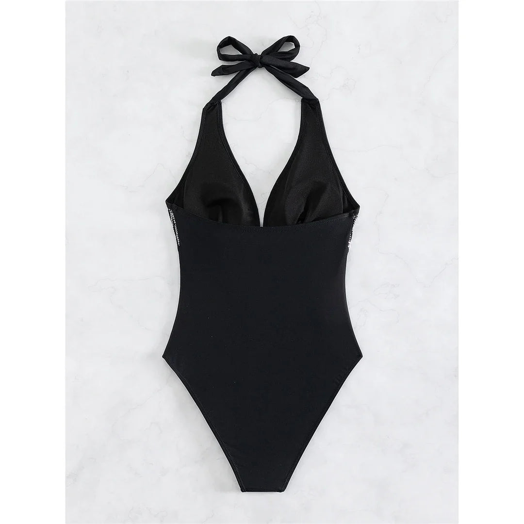 Sexy Shiny Sequins Deep V Backless Monokini Halter Women Swimwear One Piece Swimsuit Female Bather Bathing Suit Swim Lady K4996