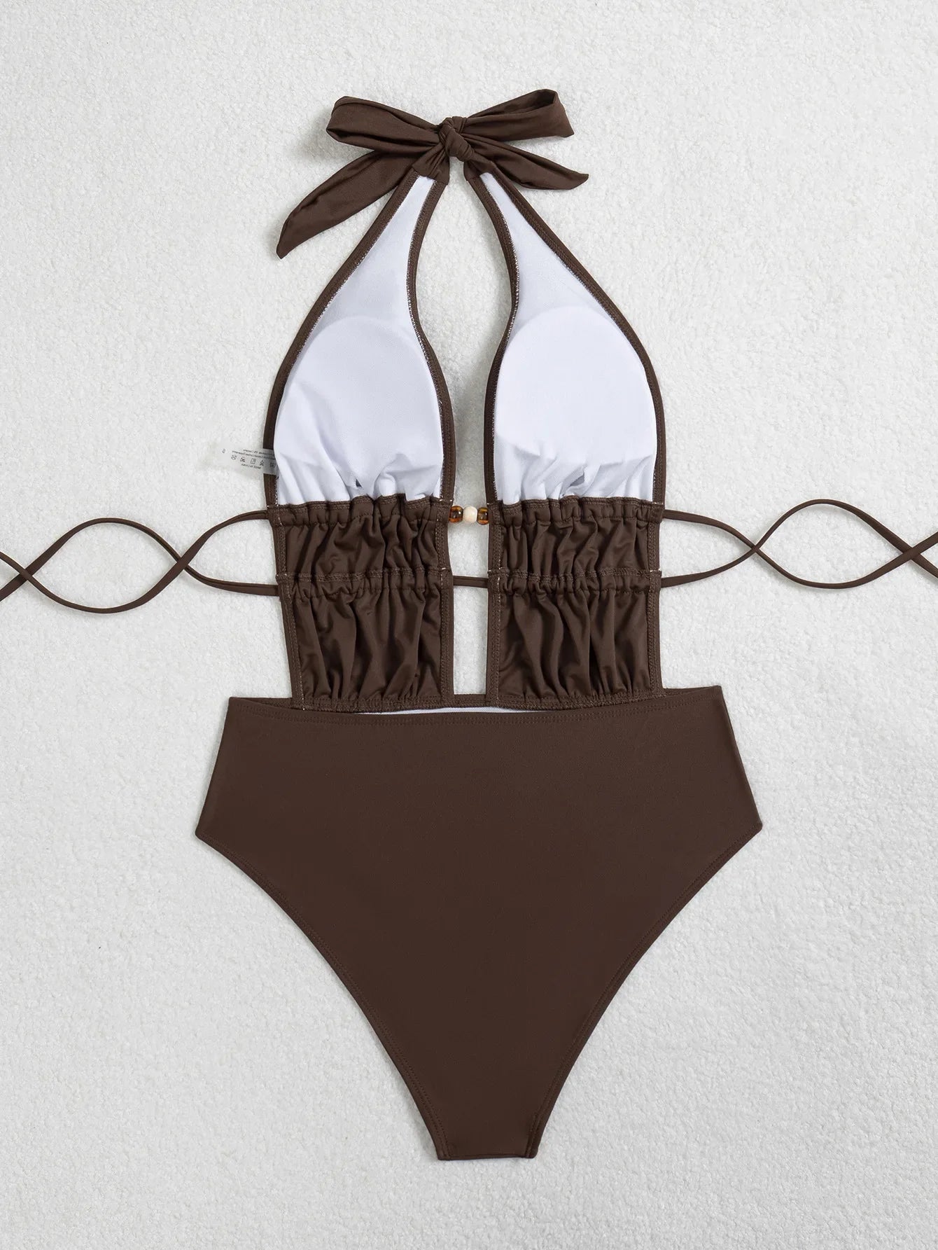 Sexy Brown Hollow Out Backless Swimwear Women 2026 Pearls Pleate Bandage One Piece Swimsuit Beach Bathing Suit Holiday Bikini